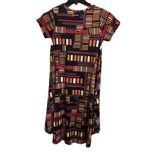 Lularoe Carly Dress XXS Geometric Artsy Print Hi Lo Knit Black Gold